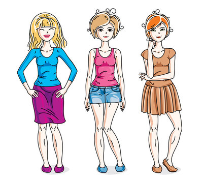Attractive young adult girls standing wearing casual clothes. Vector people illustrations set.