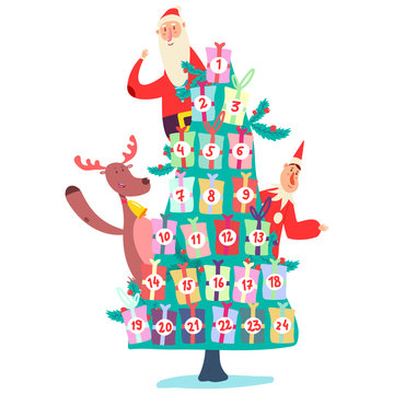 Christmas advent calendar with tree of gifts, cute Santa Claus, elf and reindeer. Vector cartoon illustration isolated on a white background.