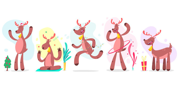 Cute Christmas reindeer with tree, gift box and doing yoga and fitness exercises with hula hoop. Vector flat holiday funny deer character set isolated on white background.