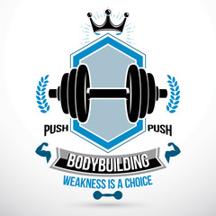 Vector graphic sign composed using weight disc dumbbell and muscular arms of bodybuilder. Fitness workout and weightlifting gymnasium conceptual emblem