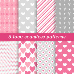 Set of 8 vector pink and grey seamless patterns for Valentine's Day