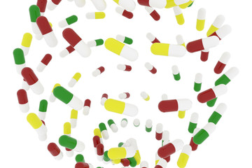 Health conceptual bunch of capsules or medical pills with white background.