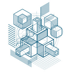 Abstract 3d shapes composition, vector isometric background. Composition of cubes, hexagons, squares, rectangles and different abstract elements.