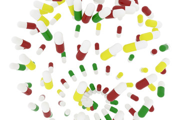 Health conceptual bunch of capsules or medical pills with white background.