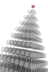 Transparent glasses with a glass of red wine on top.