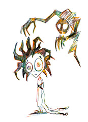 A mental hospital patient with a straitjacket untied and a tattered hairstyle.
