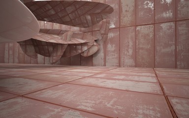 Empty smooth abstract room interior of sheets rusted metal with glossy white surface. Architectural background. 3D illustration and rendering