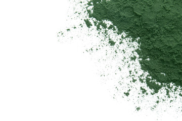 Healthy spirulina powder on white background