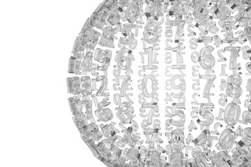 Number character, illustrations of CGI typography transparency glass, b&w black & white sphere or planet.