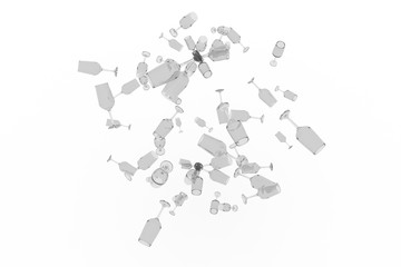 Floating transparent glasses. 3D rendering, black & white B&W.