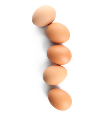 Raw brown chicken eggs on white background