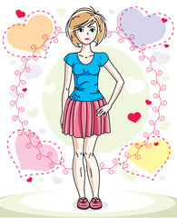 Attractive young blonde woman adult standing on colorful backdrop with Valentine romantic hearts in casual clothes. Vector human illustration.