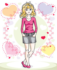 Attractive young blonde woman adult standing on colorful backdrop with Valentine romantic hearts in casual clothes. Vector human illustration.