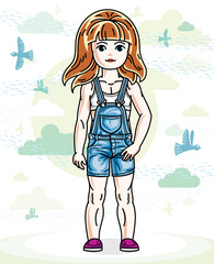 Little red-haired cute girl toddler in casual clothes standing on nature backdrop with birds and clouds. Vector illustration of pretty child.