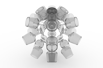 Floating transparent glasses. 3D rendering, black & white B&W.