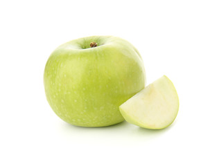 Ripe tasty apple with slice on white background