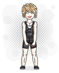 Pretty little blonde girl in jeans wear. Vector illustration of nice child standing.