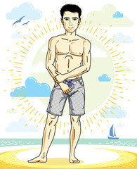 Handsome man posing on tropical beach in colorful shorts. Vector character. Summer holidays theme.