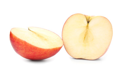 Halves of juicy apple on white background