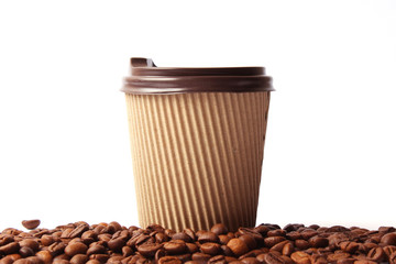paper coffee cup and coffee beans isolated on white. coffee drink