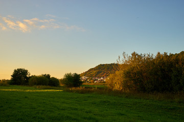 Fototapeta premium Weinberge und Mainaue im Abt-Degen-Weintal bei Ziegelanger, Ortsteil von Zeil am Main, Kreis Haßberge, Landkreis Hassberge, Unterfranken, Franken, Bayern, Deutschland.