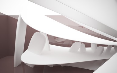 Abstract dynamic brown interior with white smoth objects . 3D illustration and rendering