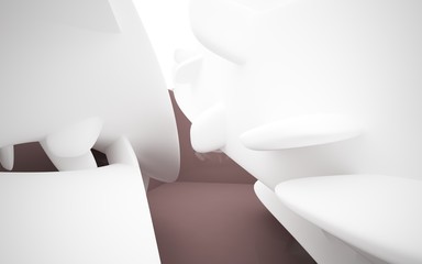 Abstract dynamic brown interior with white smoth objects . 3D illustration and rendering