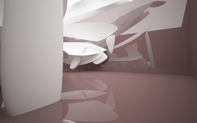 Abstract dynamic brown interior with white smoth objects . 3D illustration and rendering