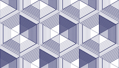 Geometric 3d lines abstract seamless pattern, vector background. Technology style engineering line drawing endless illustration. Single color, black and white. 