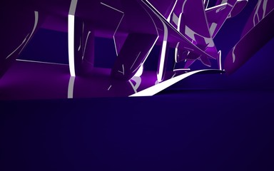 Abstract interior of the future in a minimalist style with violet violet sculpture. Night view from the backligh. Architectural background. 3D illustration and rendering