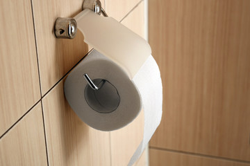 Holder with toilet paper roll in bathroom