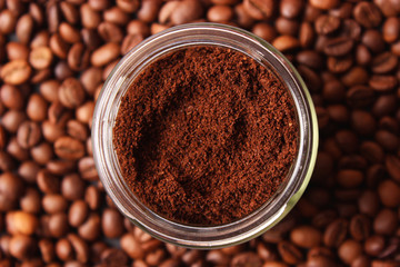 coffee beans and ground coffee closeup, aromatic coffee, coffee drinks