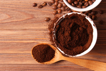 coffee beans and ground coffee closeup, aromatic coffee, coffee drinks