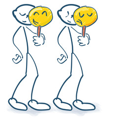 Strichmännchen zeigen Ihre Gefühle mit einem Schildchen vor ihrem Gesicht