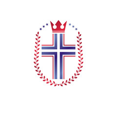 Fototapeta premium Christian Cross decorative emblem. Heraldic vector design element composed with laurel wreath and imperial crown. Retro style label, heraldry logo, religious vintage symbol.