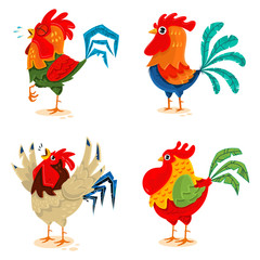Rooster cartoon vector set. Colorful roosters isolated on white background. Bird symbol of Chinese New Year.