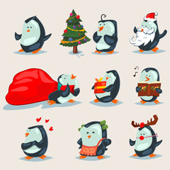 Christmas cute penguins vector cartoon character set. Vector illustration of animals isolated on a white background.