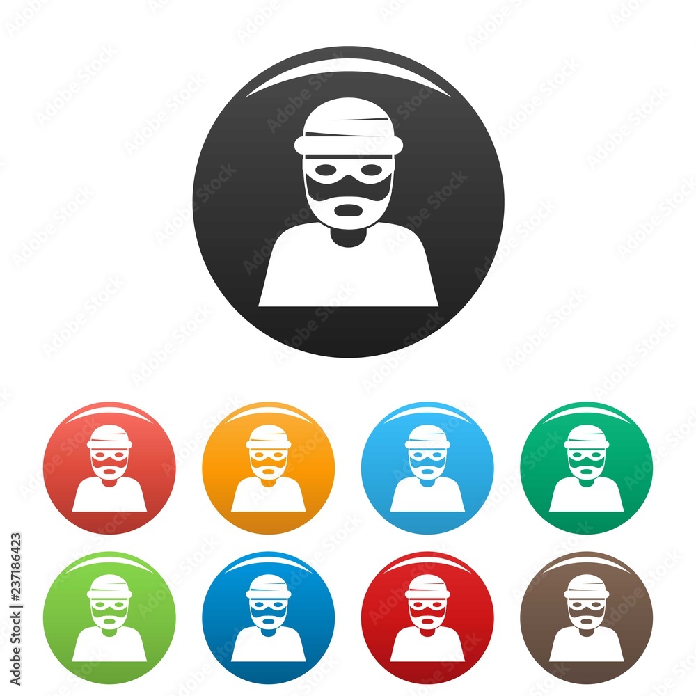 Poster thief icons set 9 color vector isolated on white for any design
