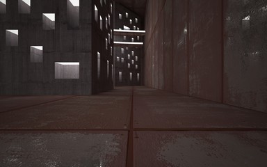 Empty abstract room interior of sheets rusted metal and brown concrete. Architectural background. 3D illustration and rendering