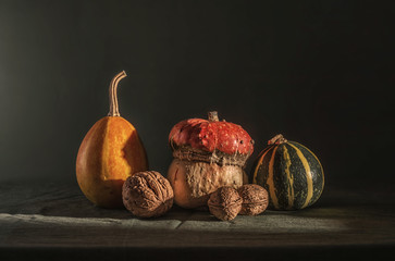 still life with pumpkins and nuts. vintage retro. food. © Mykhailo
