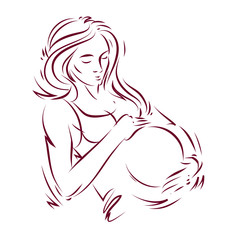 Pregnant female body shape hand drawn vector illustration, beautiful lady gently touching her belly. Love and tenderness concept.