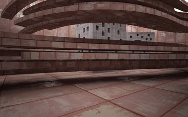 Empty abstract room interior of sheets rusted metal and brown concrete. Architectural background. 3D illustration and rendering