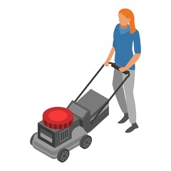Woman use lawnmower icon. Isometric of woman use lawnmower vector icon for web design isolated on white background