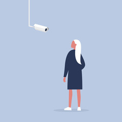 Surveillance. Young female character looking at the CCTV camera. Spying technologies. Flat editable vector illustration, clip art