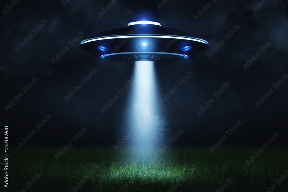 Poster 3d rendering of a ufo at night with a beam of light coming out of the hatch and lighting a landing p