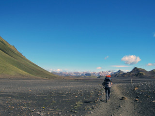 Obraz premium Experienced male hiker hiking alone into the wild with heavy backpack in black desert, Laugavegur hiking trail, Iceland