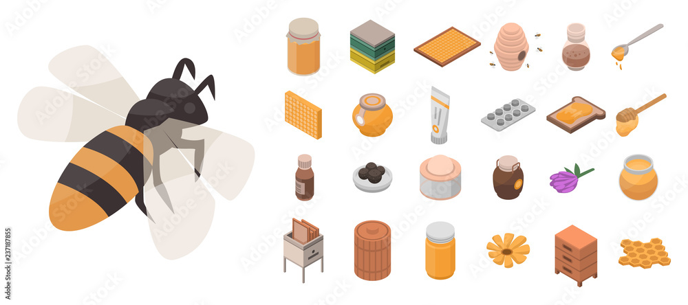 Poster apiary icon set. isometric set of apiary vector icons for web design isolated on white background