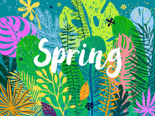 trendy spring plant card with filled outline flowers, grass, leaves. Vector illustration, great design element for brochure, banner, cover, booklet, flyer, card, poster and others