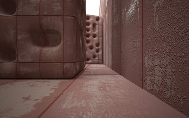 Empty smooth abstract room interior of sheets rusted metal and gray concrete. Architectural background. 3D illustration and rendering