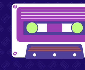 Retro party 80's banner, cover or invitation card with cassete tape. Old style vector poster